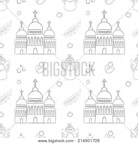 Vectron Seamless Pattern Of Elements Drawn Manually In The Style Of Doodle. Christening, Infant, Rel
