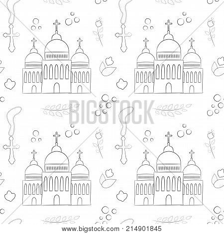 Vectron Seamless Pattern Of Elements Drawn Manually In The Style Of Doodle. Christening, Infant, Rel