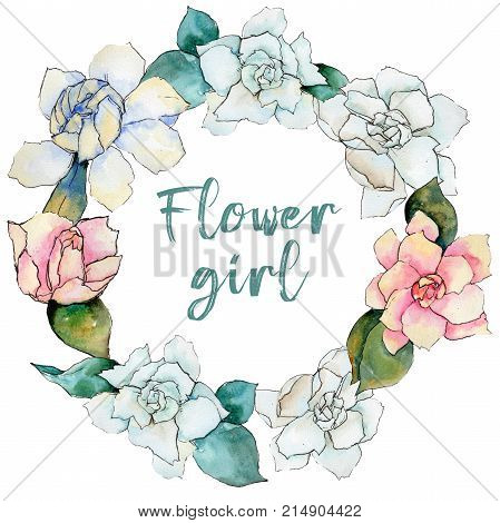 Wildflower gardenia flower wreath in a watercolor style. Full name of the plant: gardenia . Aquarelle wild flower for background, texture, wrapper pattern, frame or border.