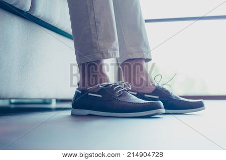 Portrait Of Legs With Modern, Fashionable Men's Shoes With Shoelaces