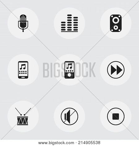 Set Of 9 Editable Audio Icons. Includes Symbols Such As Break Music, Rewind, Silent And More