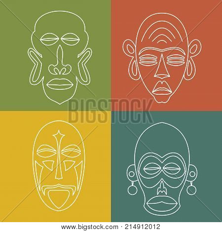 Set of African Ethnic Tribal masks on colour background. . White line icons. Ritual symbols.