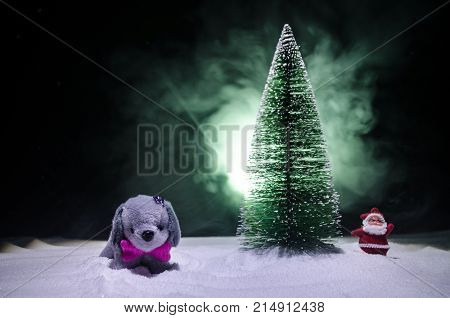Toy Dog - A Symbol Of The New Year Under The Snow Against The Background Of Fir Branches. Toy's Dog 