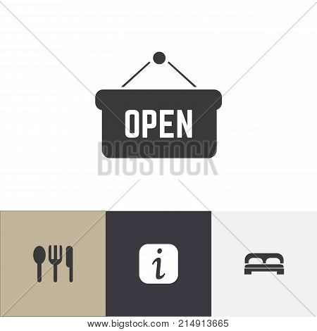 Set Of 4 Editable Plaza Icons. Includes Symbols Such As Opened Placard, Restaurant, Information Sign And More