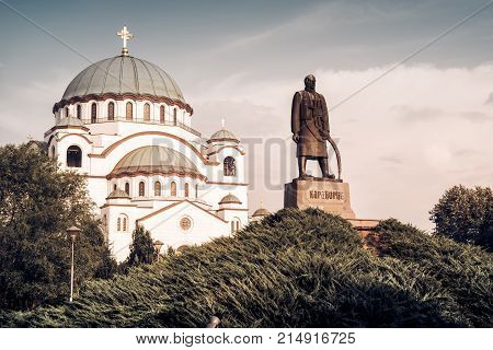 Saint Sava Cathedral And Monument Of Karageorge Petrovitch. Belgrade Serbia.