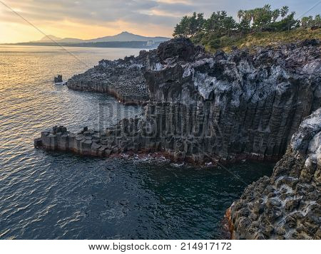 daepo jusangjeoli cliff seaside landscape in jeju south korea