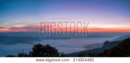 Panoramic View Dawn of Sea Mist on the top of Sierra Doi Samer-Dao Nan Northern of Thailand