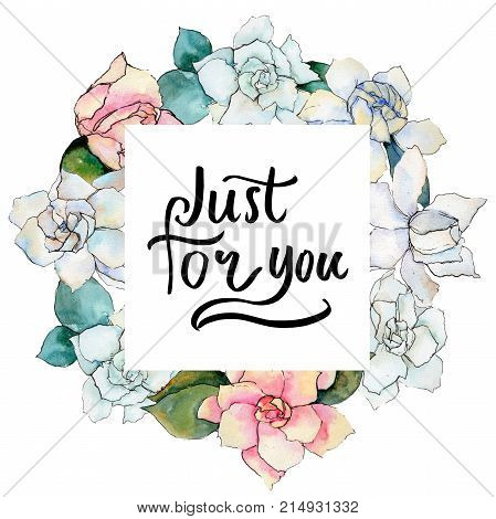 Wildflower gardenia flower wreath in a watercolor style. Full name of the plant: gardenia . Aquarelle wild flower for background, texture, wrapper pattern, frame or border.