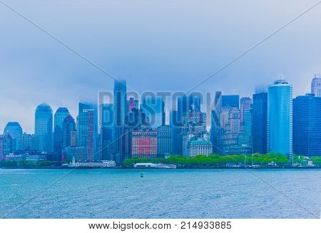 New York City from Ferry at rainy day