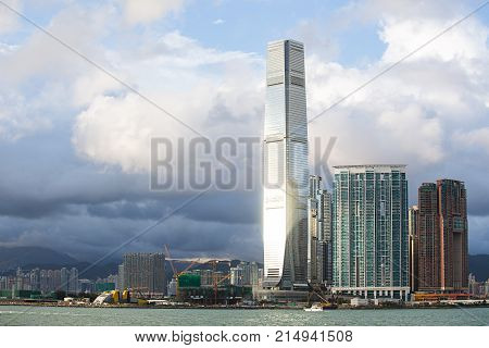 Hong Kong S.A.R.China - September 24 2017: ICC - International Commerce Center the world's fifth tallest building in Kowloon at sunset and reflex .The 100th floor called Sky100 which opened to the public in April 2011