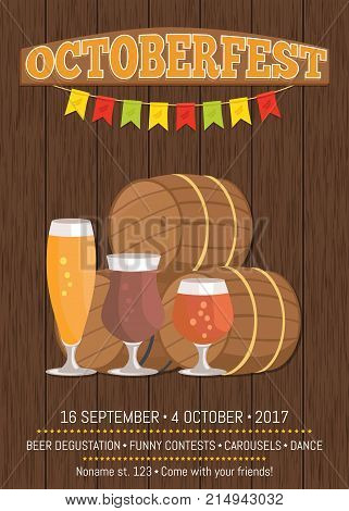 Octoberfest or Oktoberfest promotional poster with wooden backdrop. Beer degustation vector illustration on background of ears of wheat