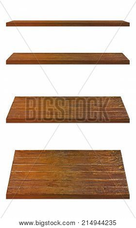 Wooden shelf brown template set isolated on white background with clipping path. For decorated interior or montage of your product on shelf.