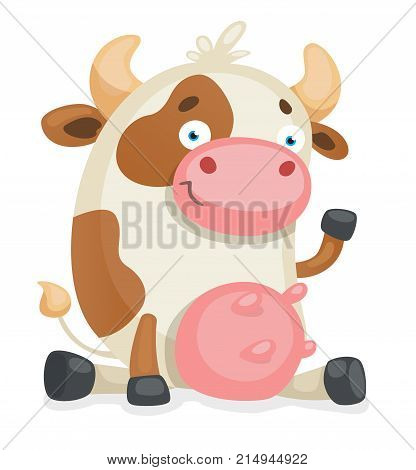Sitting and waving cartoon cute cow. Vector Illustration