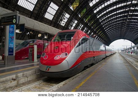 MILAN, ITALY - SEPTEMBER 18, 2017: Frecciarossa high-speed train Trenitalia at the platform of the central railway station