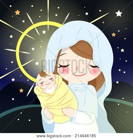 cute cartoon virgin mary with baby Jesus