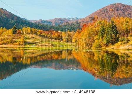 View of Mrzla vodica lake and Risnjak mountain, autumn landscape, Gorski kotar, Croatia