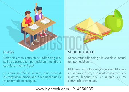 Class with two students boy and girl sitting at desk with open textbooks and school lunch apple and sandwich vector illustrations with text on blue