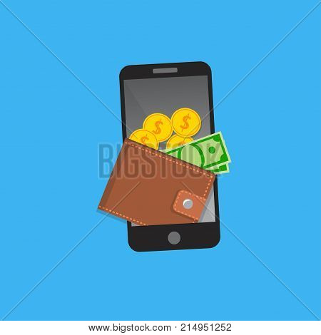 Vector Mobile wallet concept. Snarphone with wallet and credit cards on screen. Mobile or internet banking design.