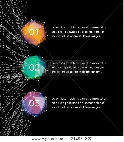 1, 2, 3 steps, abstract infographic elements Polygonal tech buttons with digital wave