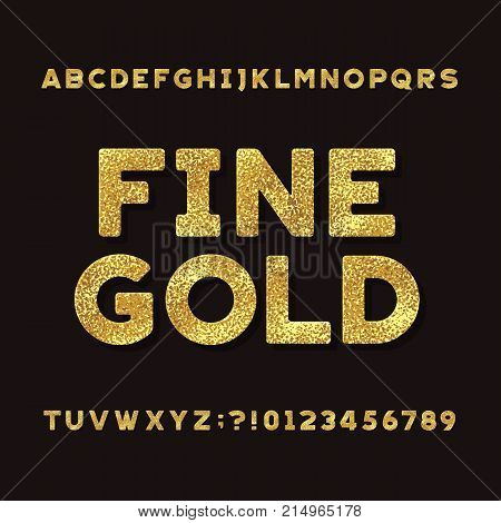 Gold Alphabet Font. Metallic effect shiny letters and numbers. Stock vector typeface for your headers and any typography design.