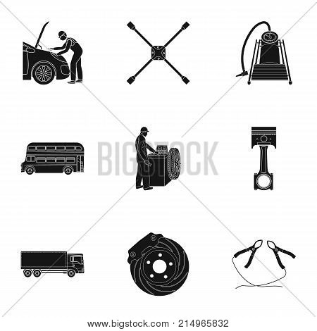 Car, lift, pump and other equipment black icons in set collection for design. Car maintenance station vector symbol stock illustration .