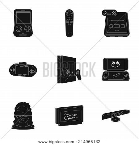 Game console and virtual reality black icons in set collection for design.Game Gadgets vector symbol stock illustration.