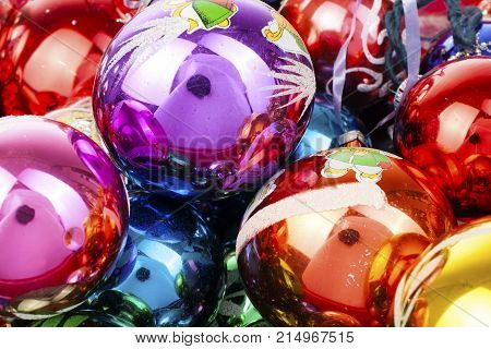 Christmas bauble baubles ball texture real glass ball. Christmas balls, celebrate christmas holiday with colorful shiny brilliant christmas balls ornaments. Illustrate holiday with baubles balls as texture.