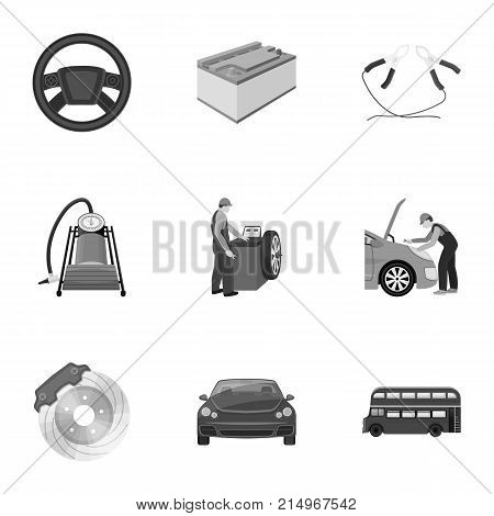 Car, lift, pump and other equipment monochrome icons in set collection for design. Car maintenance station vector symbol stock illustration .