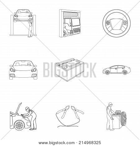 Car, lift, pump and other equipment outline icons in set collection for design. Car maintenance station vector symbol stock illustration .