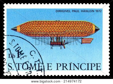 STAVROPOL RUSSIA - November 11.2017: A stamp printed in Sao Tome and Principe shows an Dirigible Paul Hanlein 1872 cirka 1979