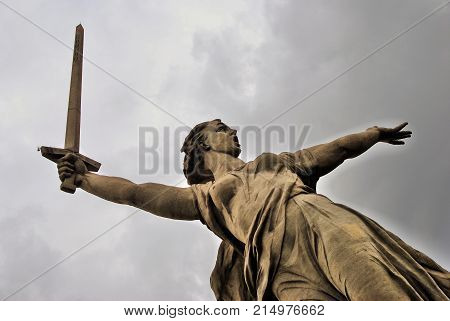 Motherland Calls monument on Mamayev Hill in Volgograd, Russia. Popular landmark. Color photo.
