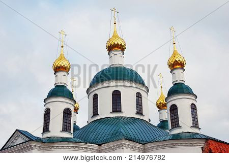 Monastery of the Epiphany in Uglich, Russia. Women's monastery. Blue sky with clouds background.