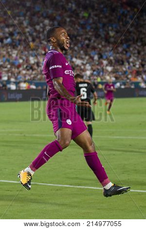 LOS ANGELES, CA - JULY 26: Raheem Sterling during the 2017 International Champions Cup game between Manchester City and Real Madrid on July 26th 2017 at the Los Angeles Memorial Coliseum.