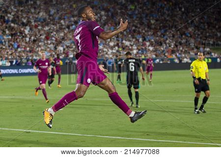 LOS ANGELES, CA - JULY 26: Raheem Sterling during the 2017 International Champions Cup game between Manchester City and Real Madrid on July 26th 2017 at the Los Angeles Memorial Coliseum.