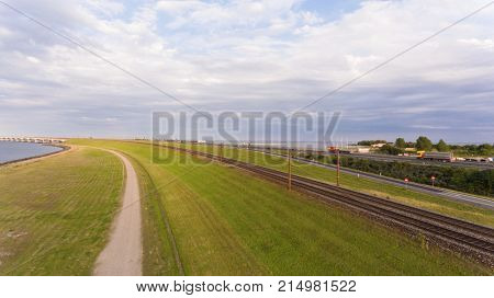 View from above  of Great Belt in Denmark. Cloudy day