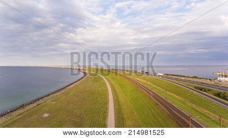 View from above  of Great Belt in Denmark. Cloudy day