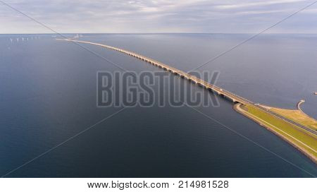 View from above  of Great Belt in Denmark. Cloudy day