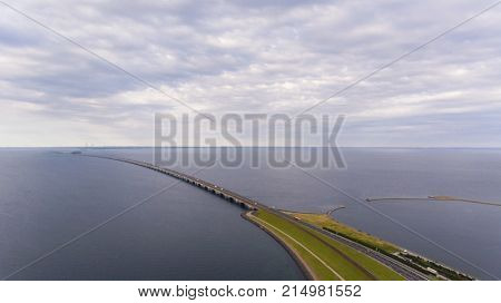View from above  of Great Belt in Denmark. Cloudy day