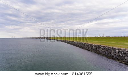 View from above  of Great Belt in Denmark. Cloudy day
