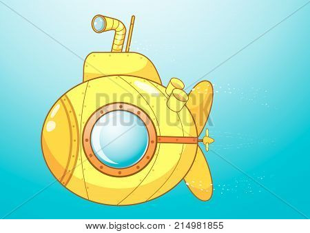 Yellow submarine cartoon in deep blue ocean. Illustration vector character.