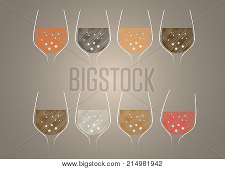 Wine glass illustration. Brush stroke graphic brown colour background.