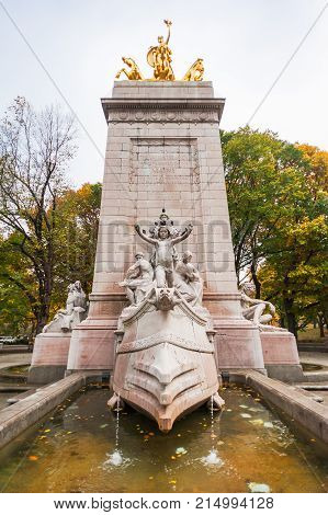 New York City, USA - Nov 10, 2011: The U.S.S. Maine National Monument in Central Park wih autumn colors.