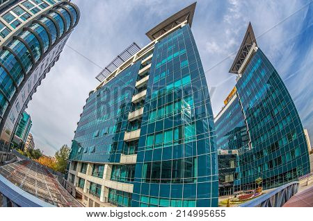 BELGRADE SERBIA - OCTOBER 21 2017: Office buildings ensemble located in a new business center on Belgrade. Pireus Bank.