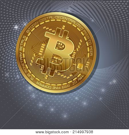 Bitcoin conceptual background with glowing electric lights. Blockchain based secure cryptocurrency. vector illustration.