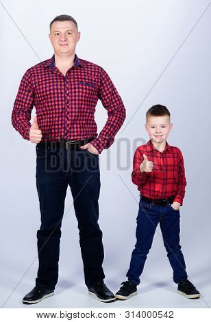 Little Boy With Dad Man. Success. Thumb Up Gesture. Happy Family. Childhood. Parenting. Fathers Day.