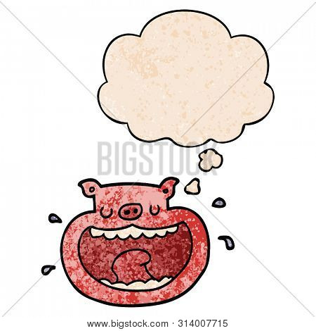 cartoon obnoxious pig with thought bubble in grunge texture style