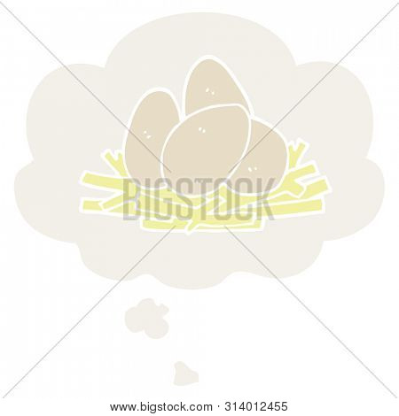 cartoon eggs in nest with thought bubble in retro style