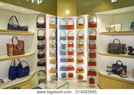 VIENNA, AUSTRIA - CIRCA MAY, 2019: goods on display at Longchamp store in Vienna International Airport.
