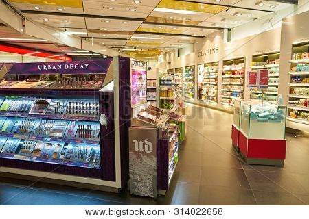 VIENNA, AUSTRIA - CIRCA MAY, 2019: Duty Free shopping area at Vienna International Airport.