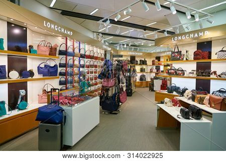 VIENNA, AUSTRIA - CIRCA MAY, 2019: goods on display at Longchamp store in Vienna International Airport.